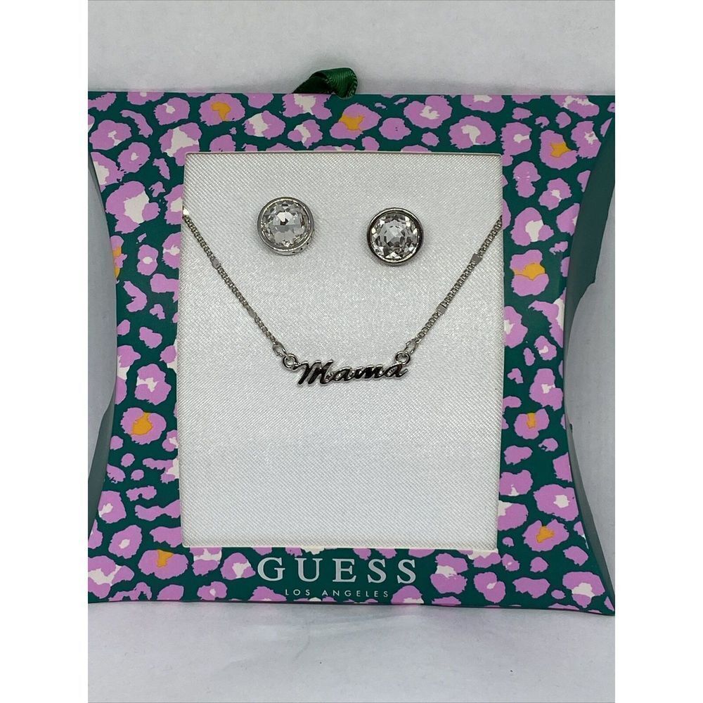 Guess A12072-21 Silver-Tone Mama Collar Necklace & Crystal Earrings MSRP $25 G23